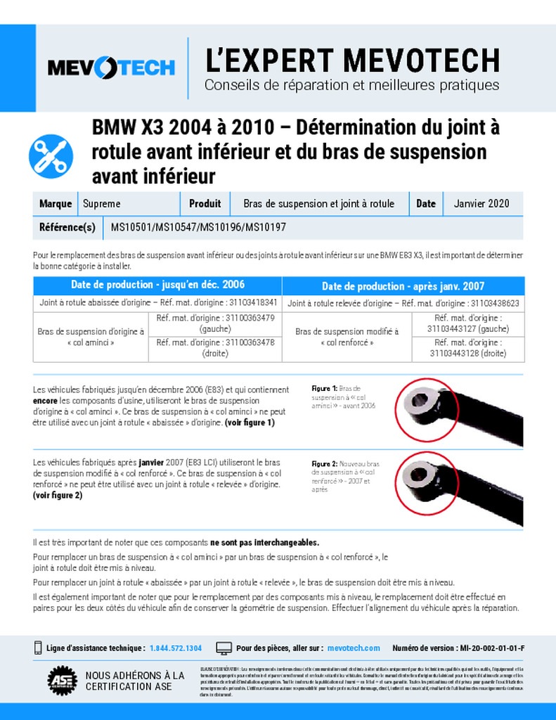 BMW X3 2004 à 2010 – Détermination du joint à rotule avant inférieur et du bras de suspension avant inférieur