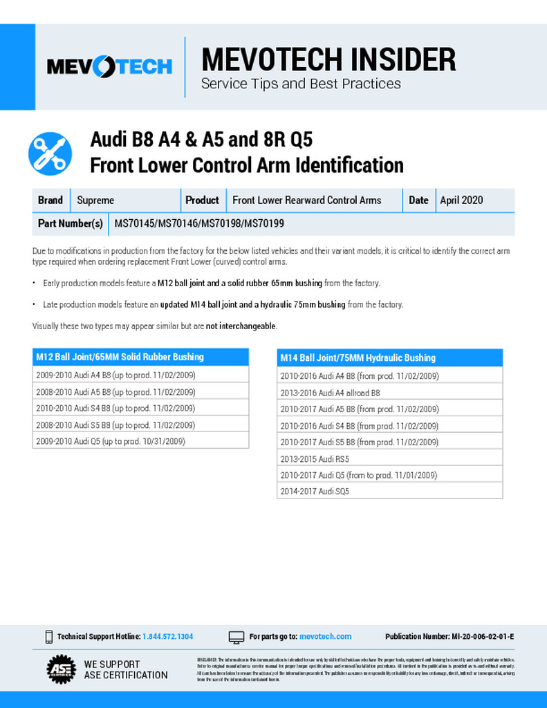 Audi B8 A4 & A5 and 8R Q5 Front Lower Control Arm Identification