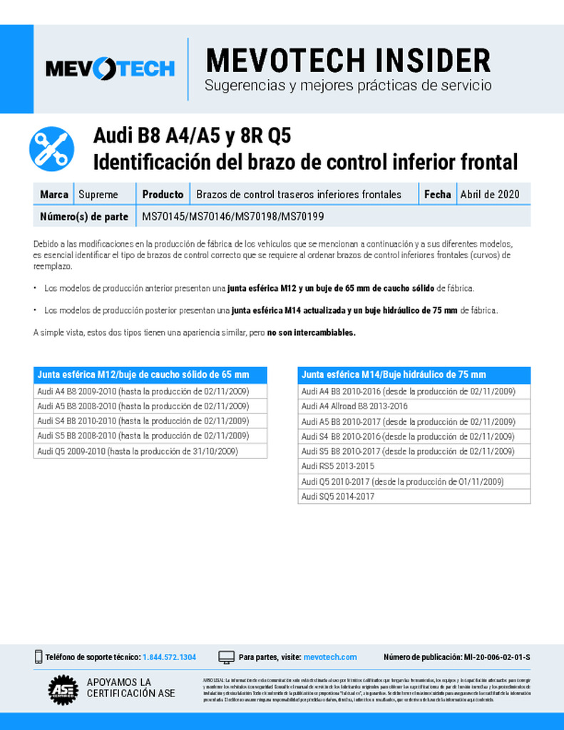 Audi B8 A4/A5 y 8R Q5 Identificación del brazo de control inferior fronta