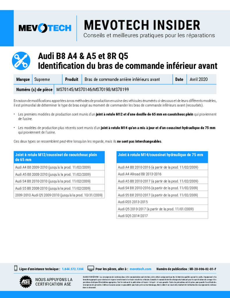 Audi B8 A4 & A5 et 8R Q5 Identification du bras de commande inférieur avant