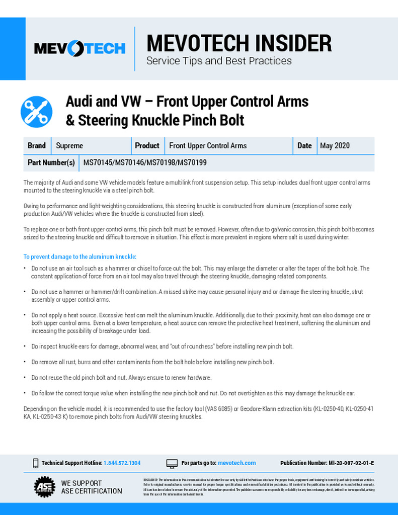 Audi and VW – Front Upper Control Arms & Steering Knuckle Pinch Bolt