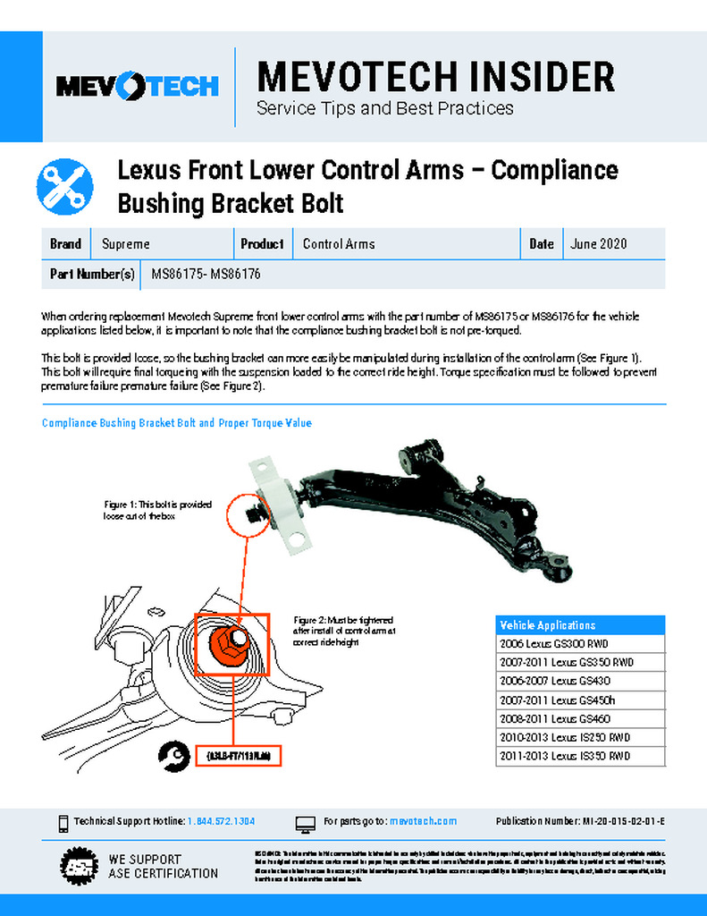 Lexus Front Lower Control Arms – Compliance Bushing Bracket Bolt