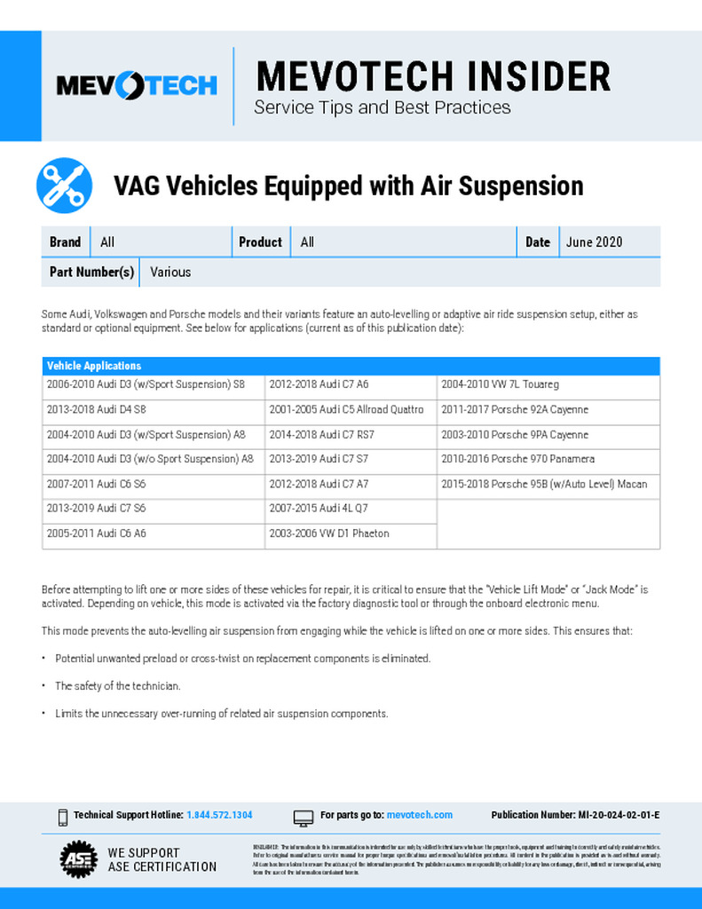 VAG Vehicles Equipped with Air Suspension