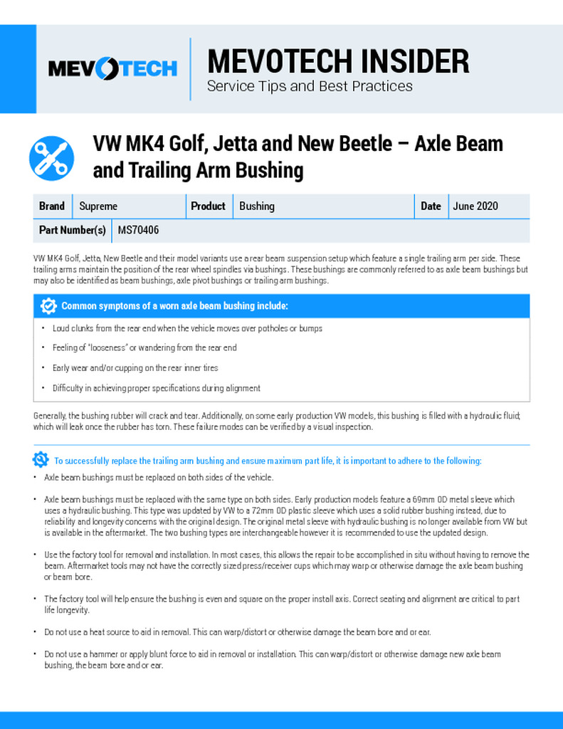 VW MK4 Golf, Jetta and New Beetle – Axle Beam and Trailing Arm Bushing
