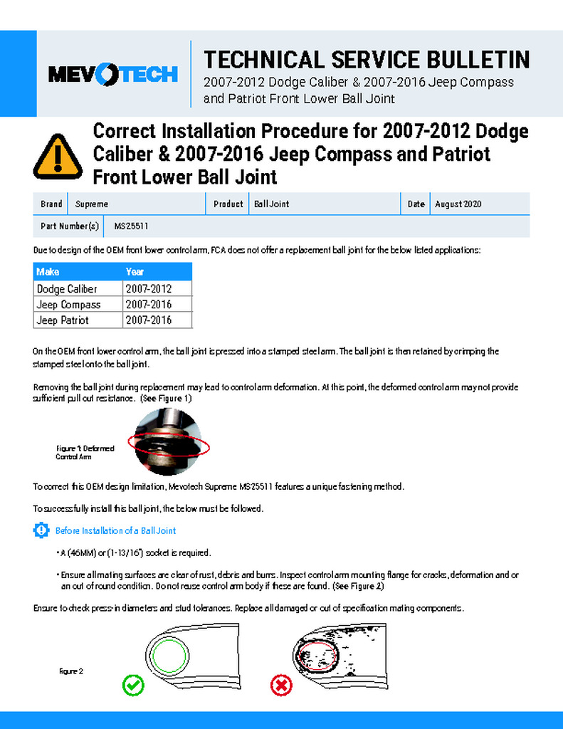 Correct Installation Procedure for 2007-2012 Dodge Caliber & 2007-2016 Jeep Compass and Patriot Front Lower Ball Joint
