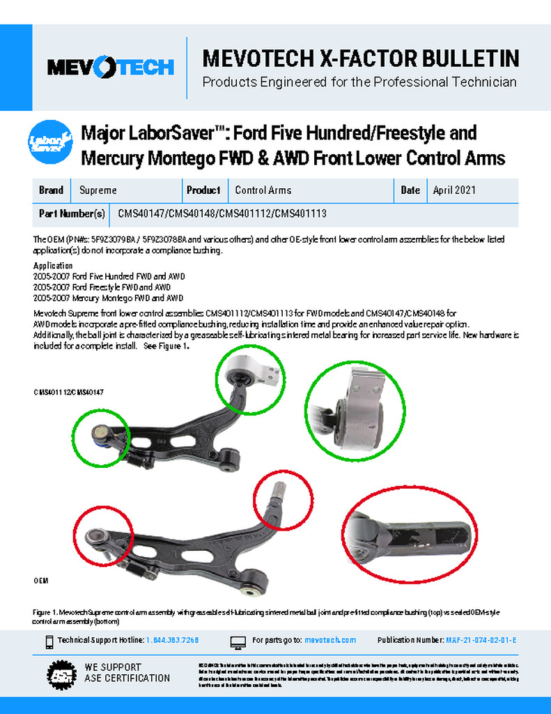 Major LaborSaver™: Ford Five Hundred/Freestyle and Mercury Montego FWD & AWD Front Lower Control Arms