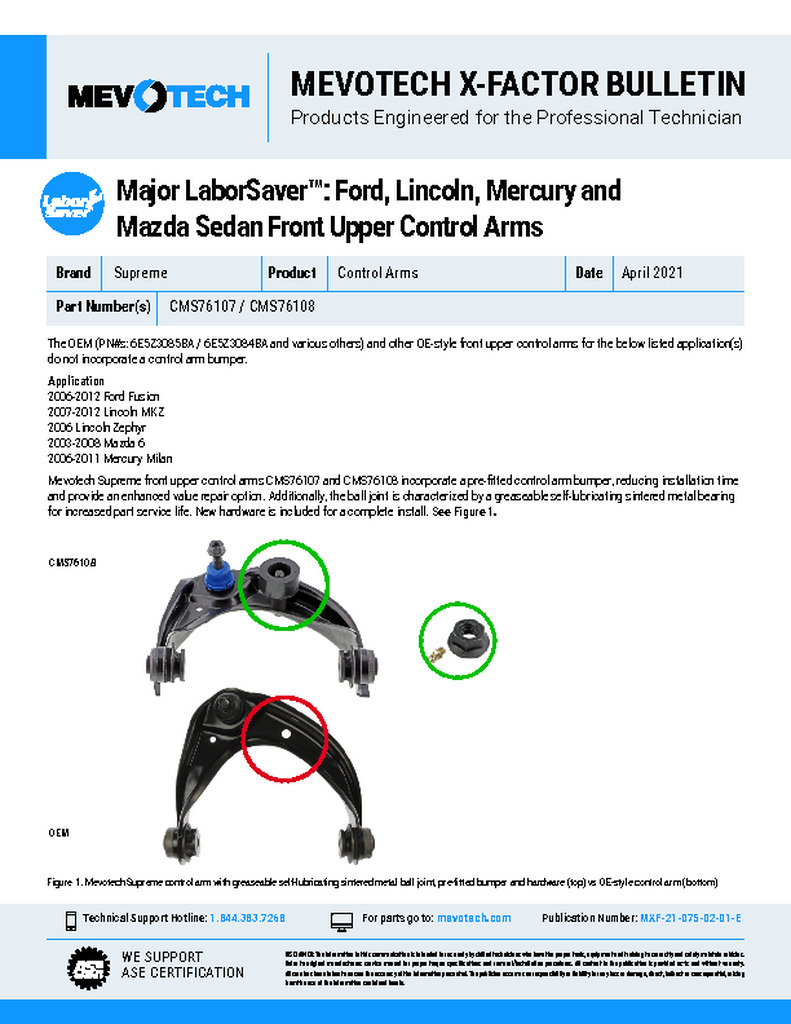 Major LaborSaver™: Ford, Lincoln, Mercury and Mazda Sedan Front Upper Control Arms