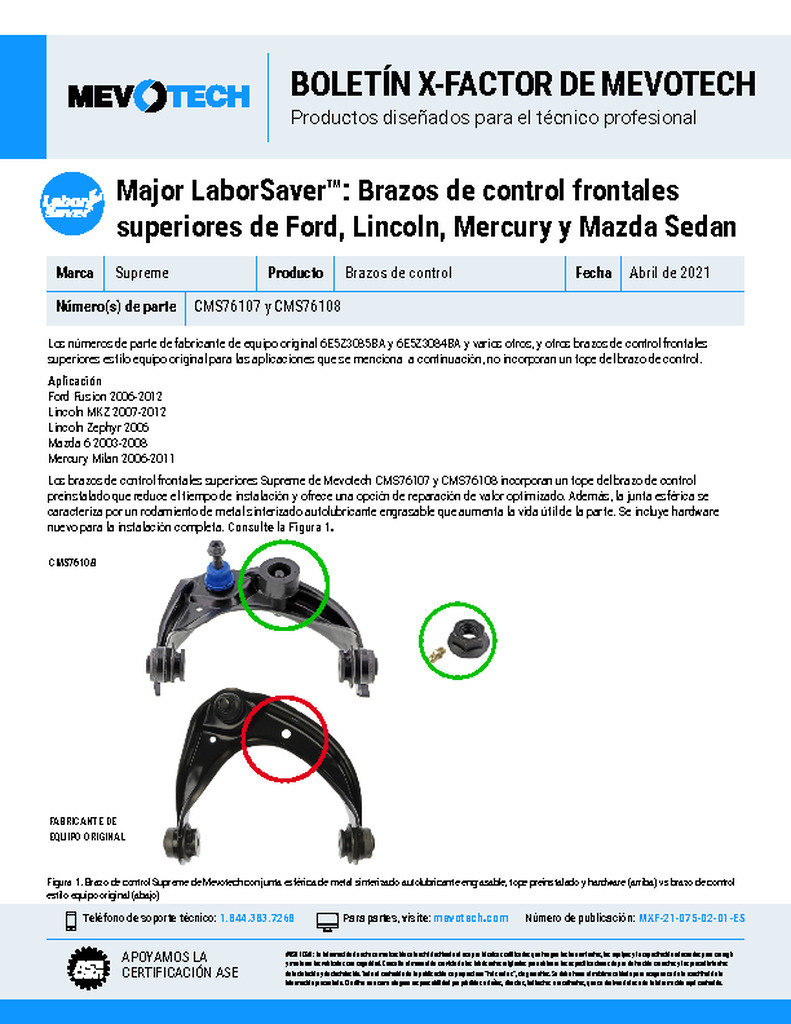Major LaborSaver™: Brazos de control frontales superiores de Ford, Lincoln, Mercury y Mazda Sedan
