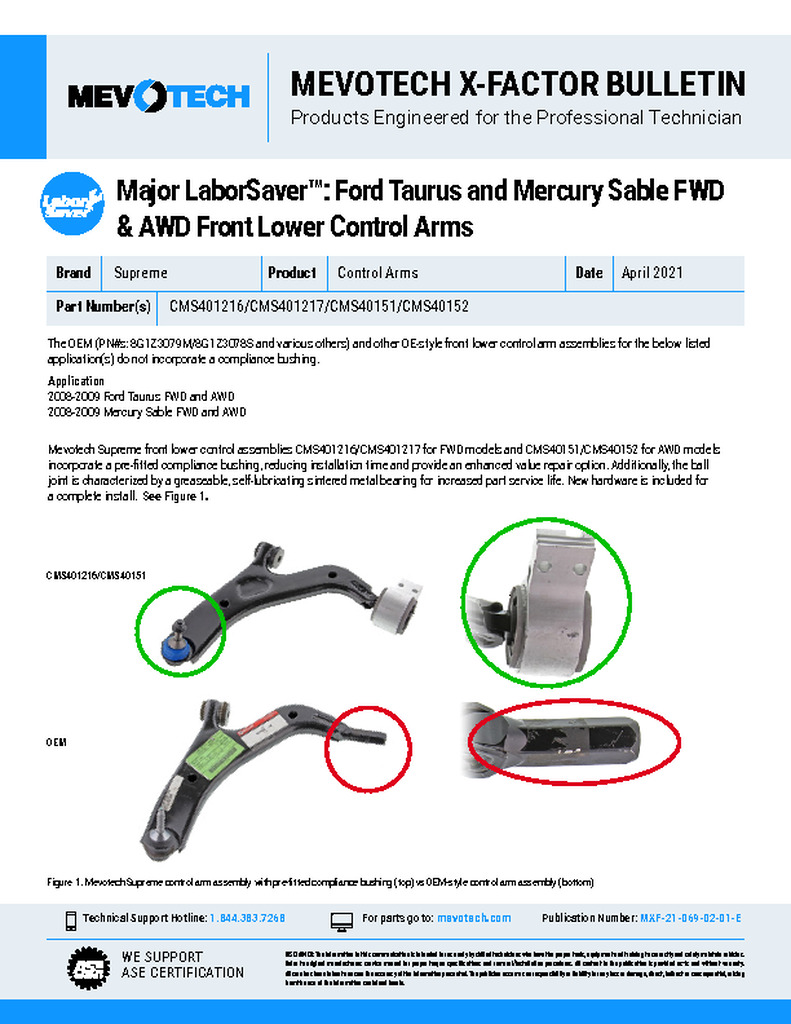 Major LaborSaver™: Ford Taurus and Mercury Sable FWD & AWD Front Lower Control Arms
