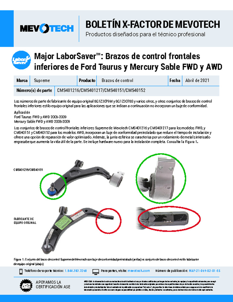 Major LaborSaver™: Brazos de control frontales inferiores de Ford Taurus y Mercury Sable FWD y AWD