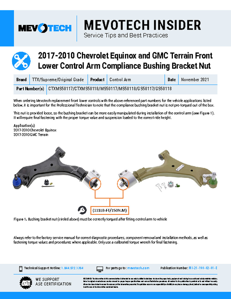 2017-2010 Chevrolet Equinox and GMC Terrain Front Lower Control Arm Compliance Bushing Bracket Nut
