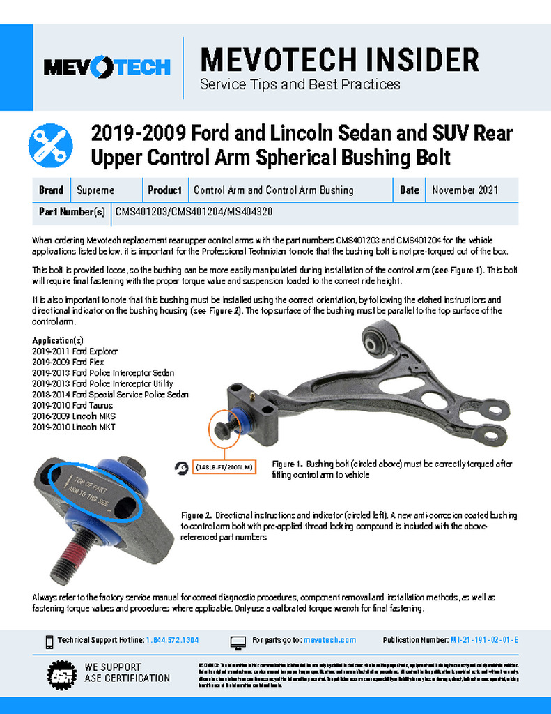 2019-2009 Ford and Lincoln Sedan and SUV Rear Upper Control Arm Spherical Bushing Bolt