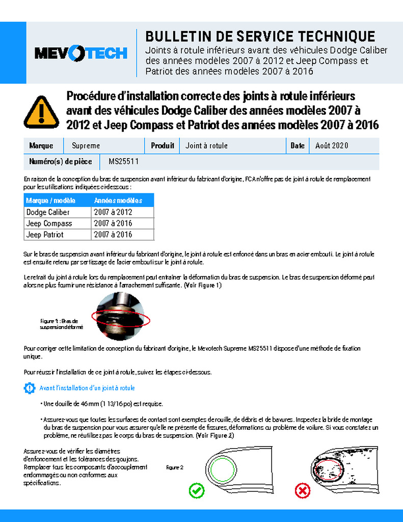 Procedimiento de instalación correcta de la junta esférica frontal inferior en Dodge Caliber 2007-2012 y Jeep Compass y Patriot 2007-2016