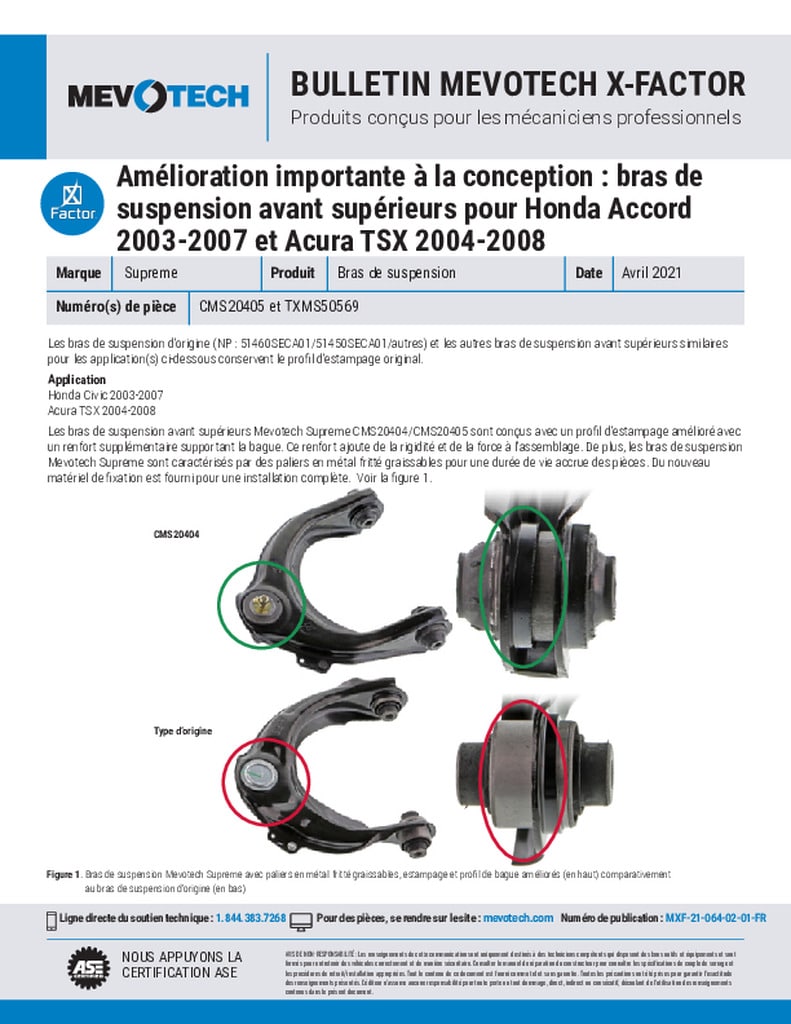 Amélioration importante à la conception : bras de suspension avant supérieurs pour Honda Accord 2003-2007 et Acura TSX 2004-2008