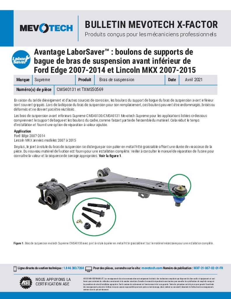 Avantage LaborSaver™ : boulons de supports de bague de bras de suspension avant inférieur de Ford Edge 2007-2014 et Lincoln MKX 2007-2015