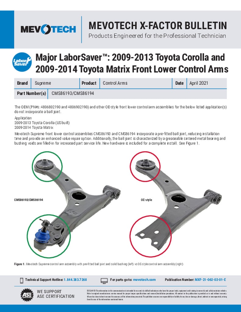 Major LaborSaver™: 2009-2013 Toyota Corolla and 2009-2014 Toyota Matrix Front Lower Control Arms