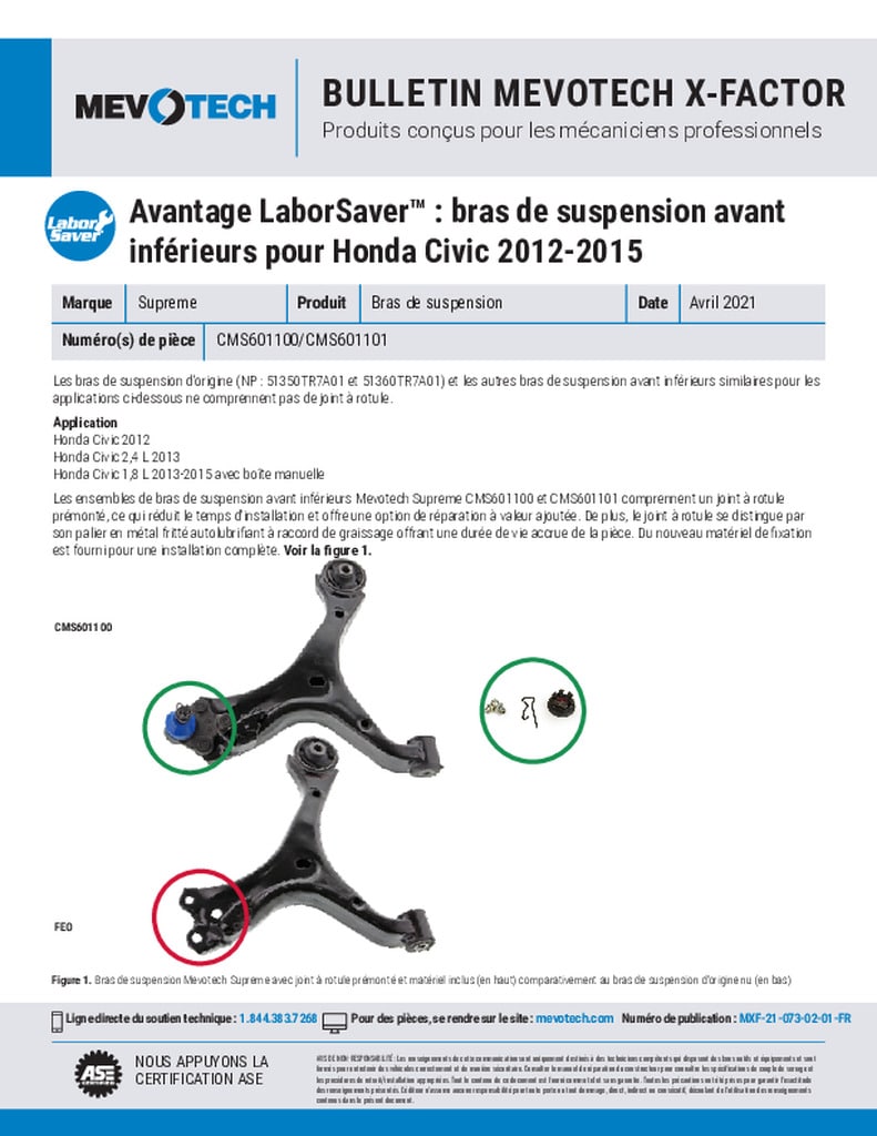 Avantage LaborSaver™ : bras de suspension avant inférieurs pour Honda Civic 2012-2015