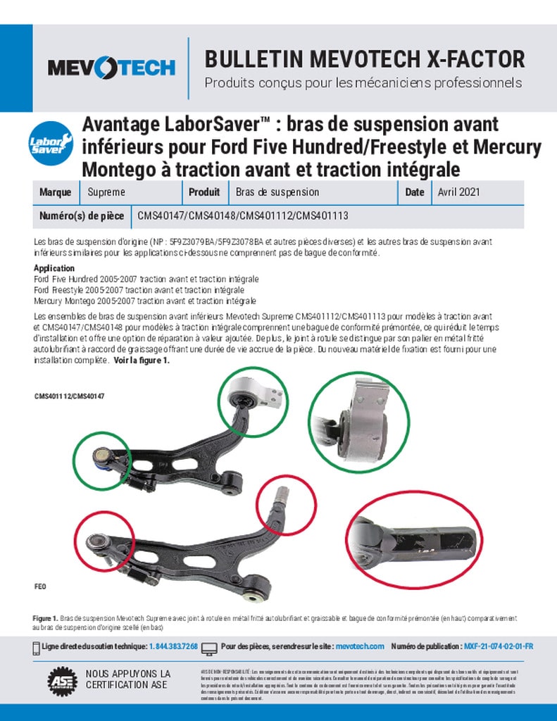 Avantage LaborSaver™ : bras de suspension avant inférieurs pour Ford Five Hundred/Freestyle et Mercury Montego à traction avant et traction intégrale