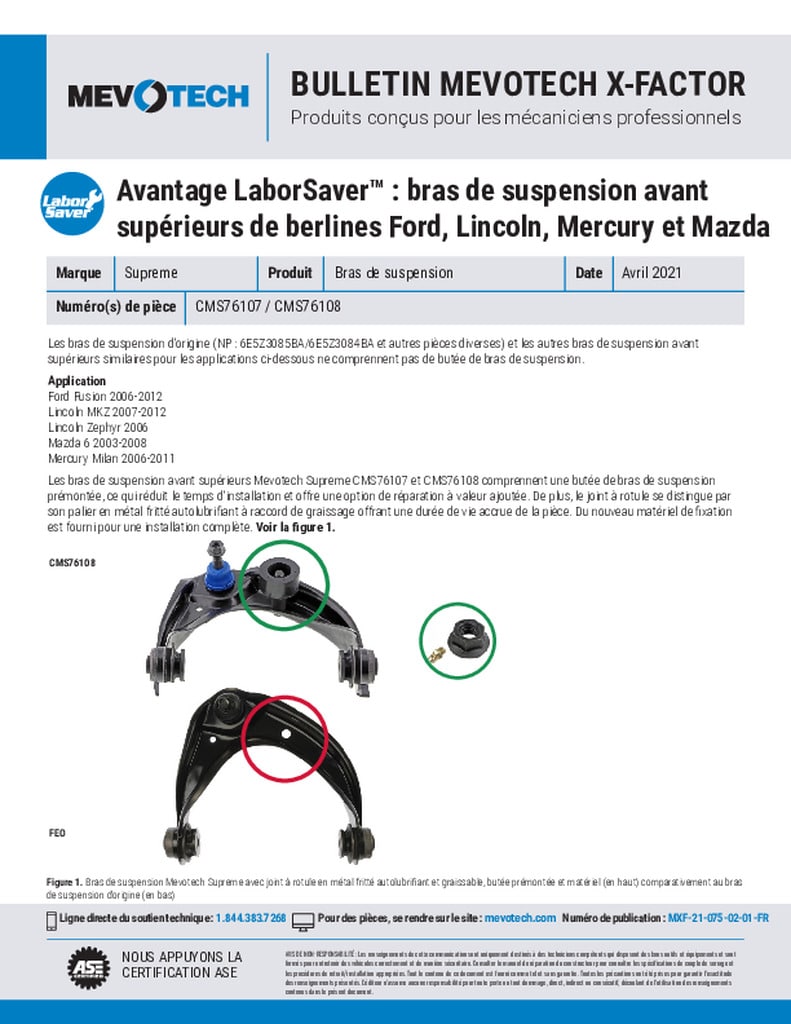 Avantage LaborSaver™ : bras de suspension avant supérieurs de berlines Ford, Lincoln, Mercury et Mazda