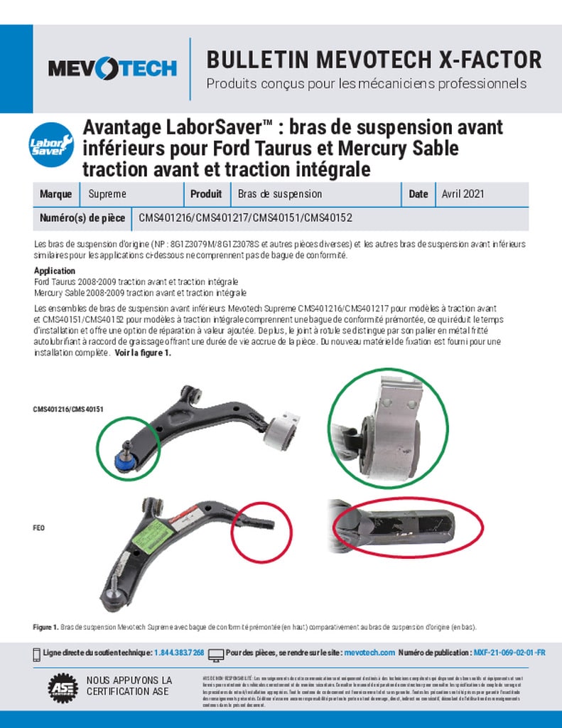 Avantage LaborSaver™ : bras de suspension avant inférieurs pour Ford Taurus et Mercury Sable traction avant et traction intégrale