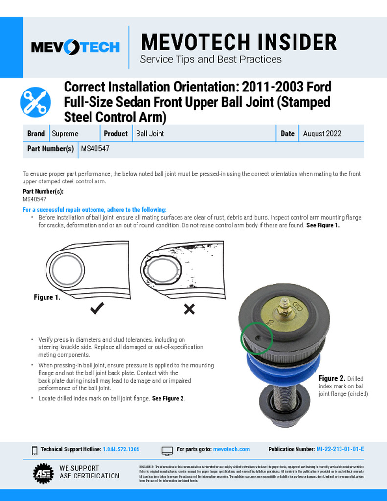 Correct Installation Orientation: 2011-2003 Ford Full-Size Sedan Front Upper Ball Joint (Stamped Steel Control Arm)