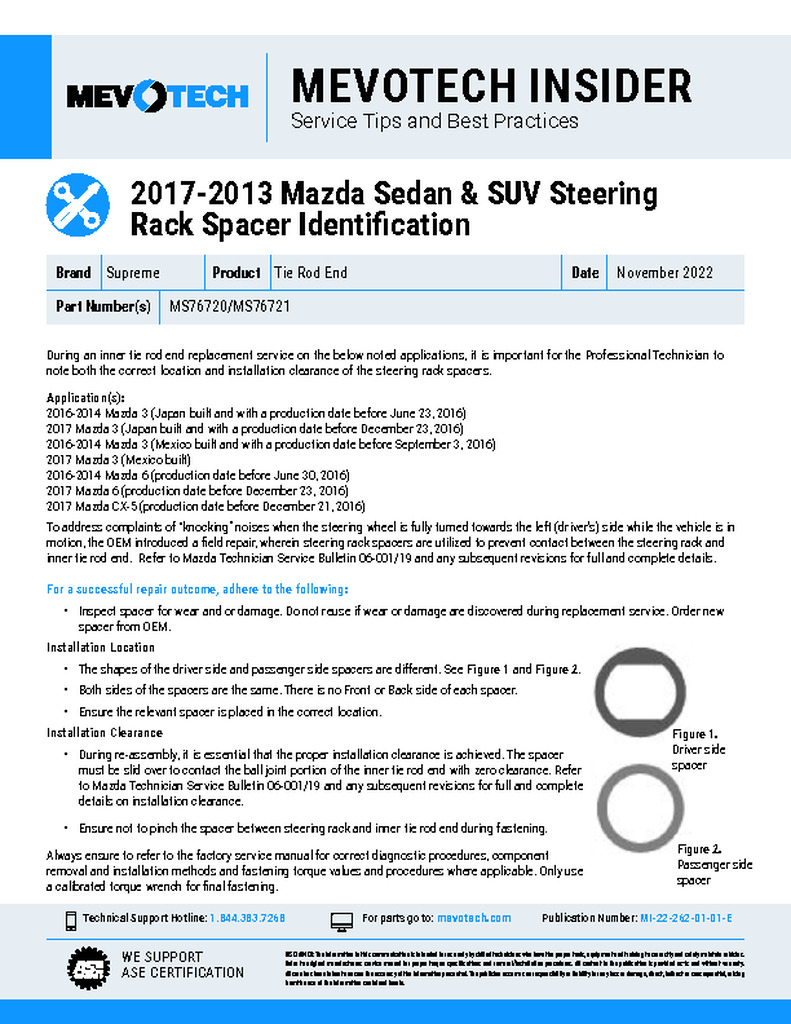 2017-2013 Mazda Sedan & SUV Steering Rack Spacer Identification