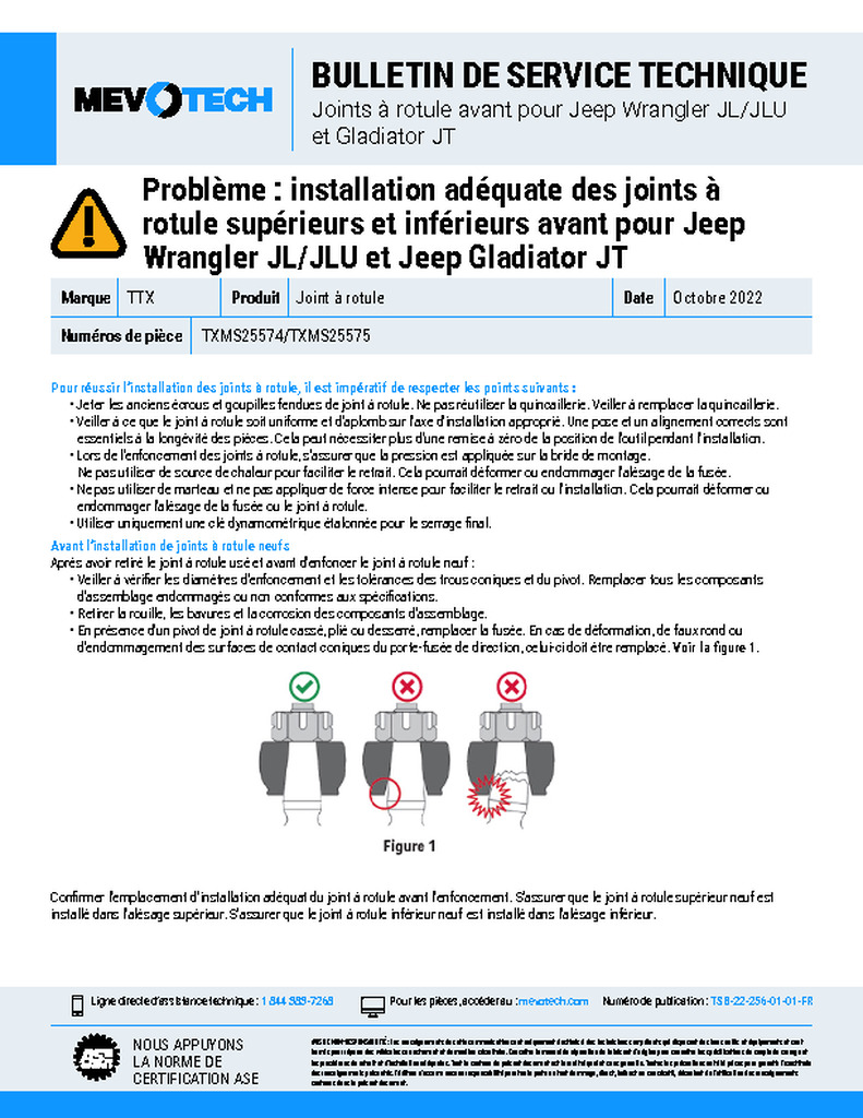 Problème : installation adéquate des joints à rotule supérieurs et inférieurs avant pour Jeep Wrangler JL/JLU et Jeep Gladiator JT