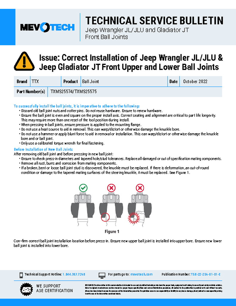 Issue: Correct Installation of Jeep Wrangler JL/JLU & Jeep Gladiator JT Front Upper and Lower Ball Joints