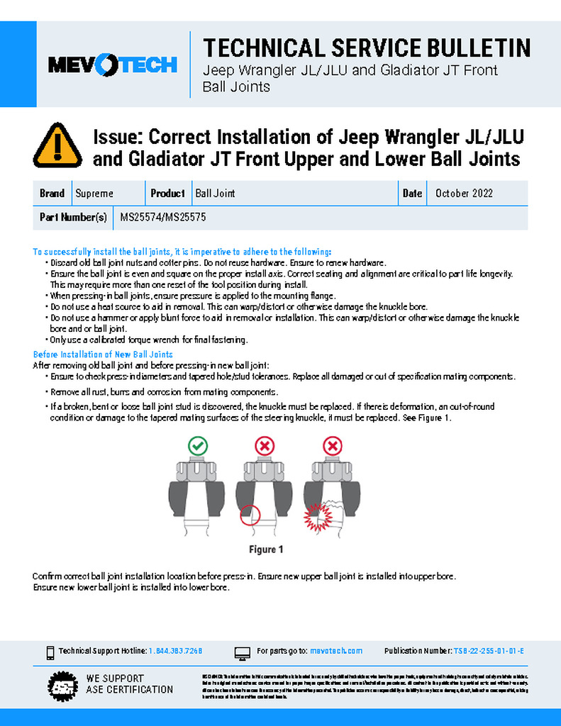 Issue: Correct Installation of Jeep Wrangler JL/JLU and Gladiator JT Front Upper and Lower Ball Joints