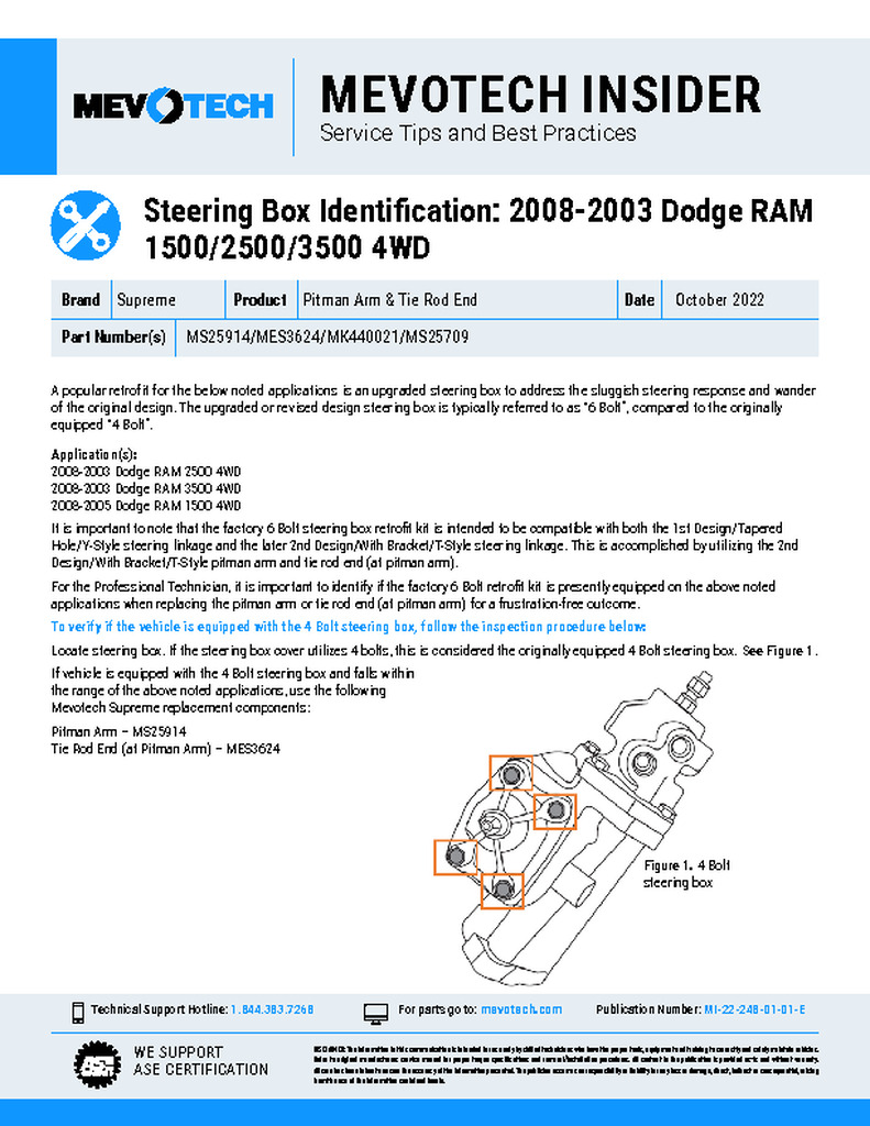 Steering Box Identification: 2008-2003 Dodge RAM 1500/2500/3500 4WD