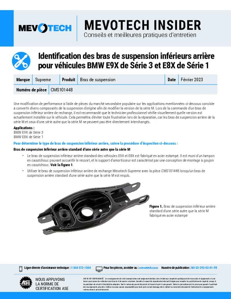 Identification des bras de suspension inférieurs arrière pour véhicules BMW E9X de Série 3 et E8X de Série 1