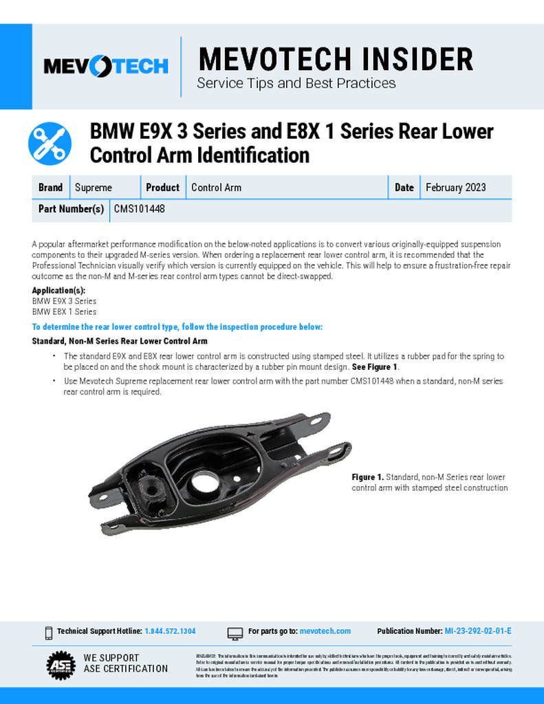 BMW E9X 3 Series and E8X 1 Series Rear Lower Control Arm Identification