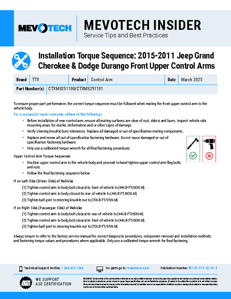 Installation Torque Sequence: 2015-2011 Jeep Grand Cherokee & Dodge Durango Front Upper Control Arms